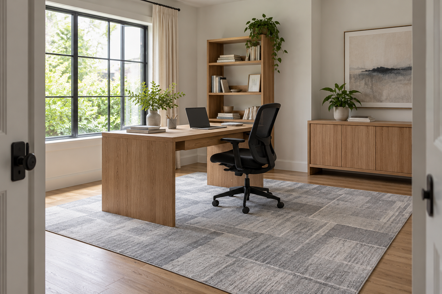 Gray geometric area rug beneath an oak desk and black task chair in a bright home office