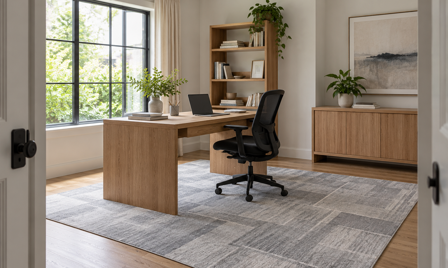 Gray geometric area rug beneath an oak desk and black task chair in a bright home office
