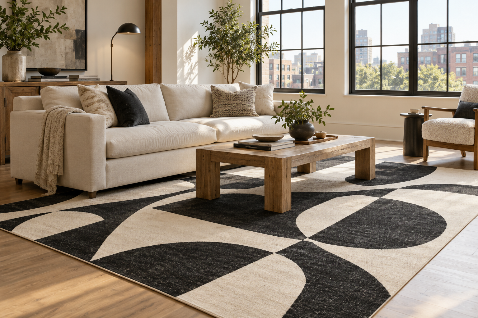 Black and ivory abstract area rug with a cream sofa and wood coffee table in a bright living room