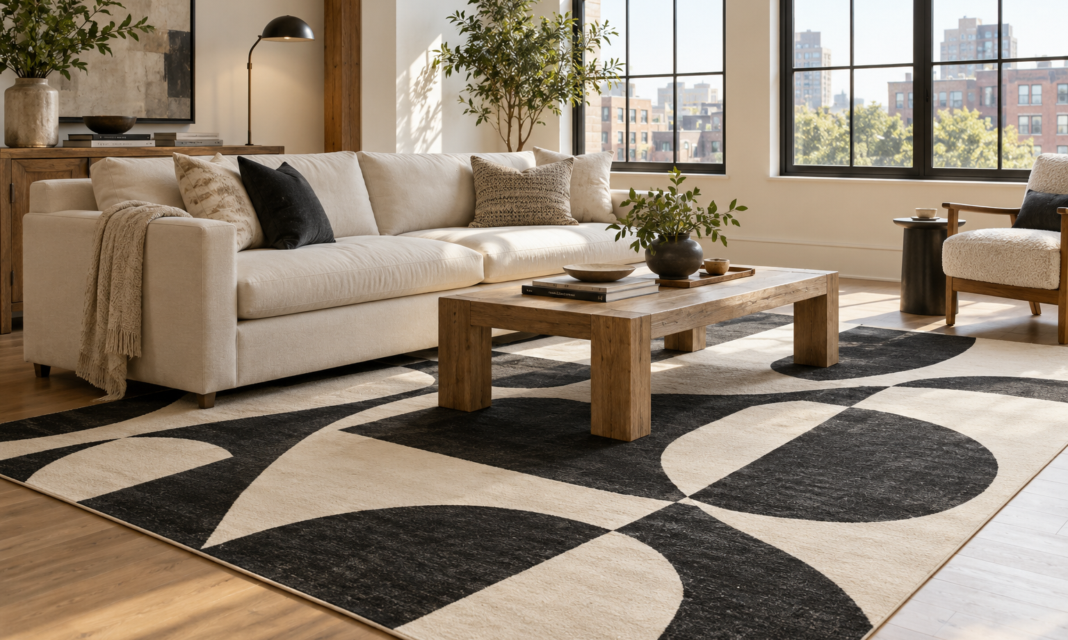 Black and ivory abstract area rug with a cream sofa and wood coffee table in a bright living room