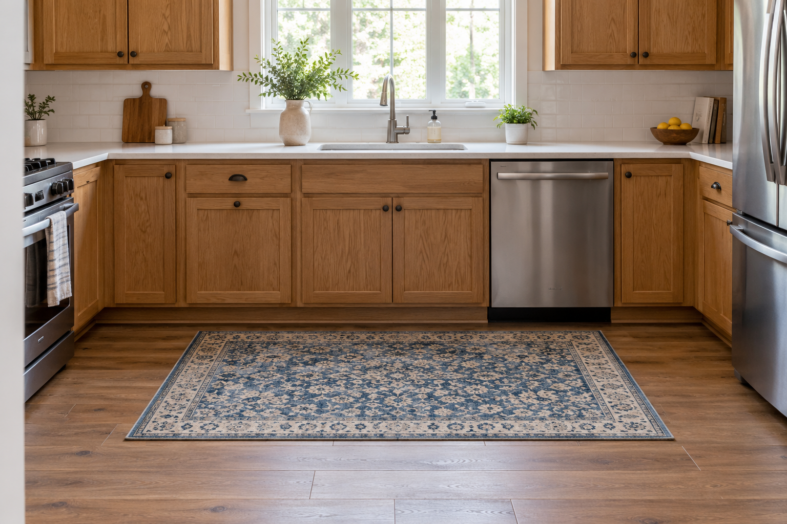 Blue and cream rectangular rug in an oak kitchen with wood flooring