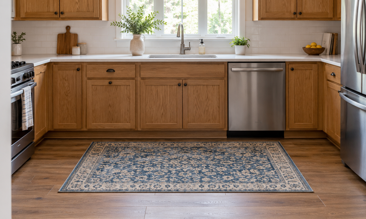 Blue and cream rectangular rug in an oak kitchen with wood flooring