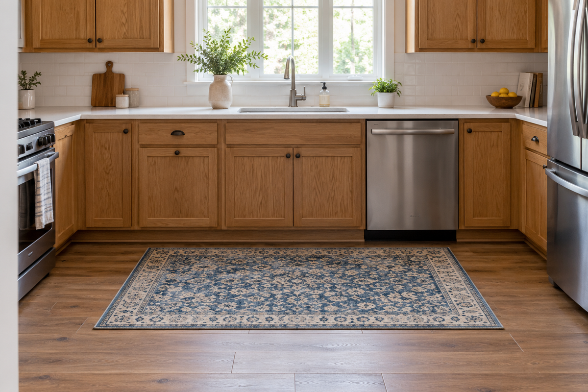 Blue and cream rectangular rug in an oak kitchen with wood flooring
