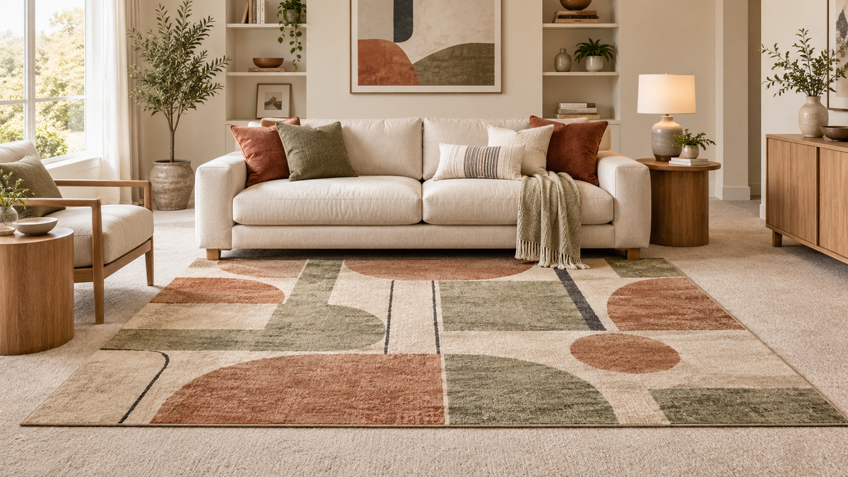 Low-profile patterned area rug layered over neutral wall-to-wall carpet in a warm modern living room