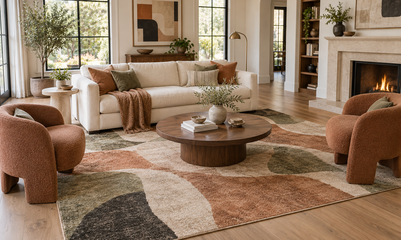 Modern living room with a large patterned area rug