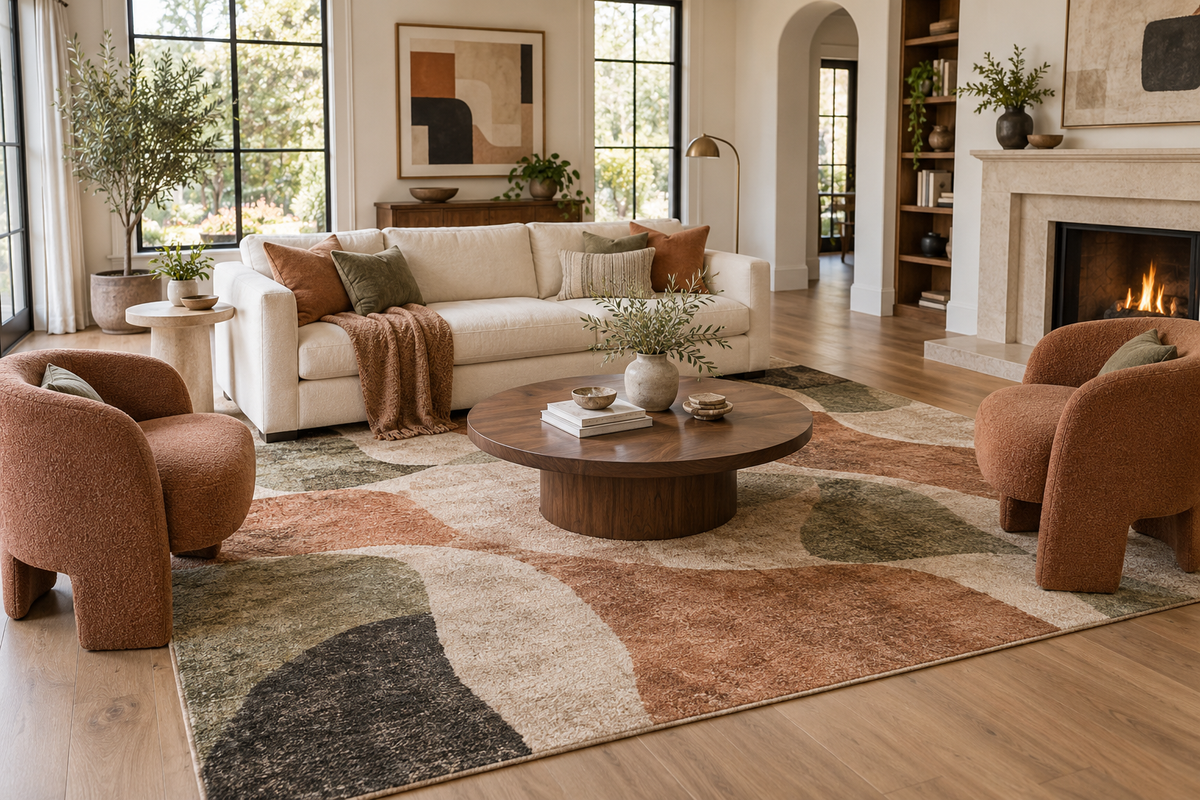 Modern living room with a large patterned area rug