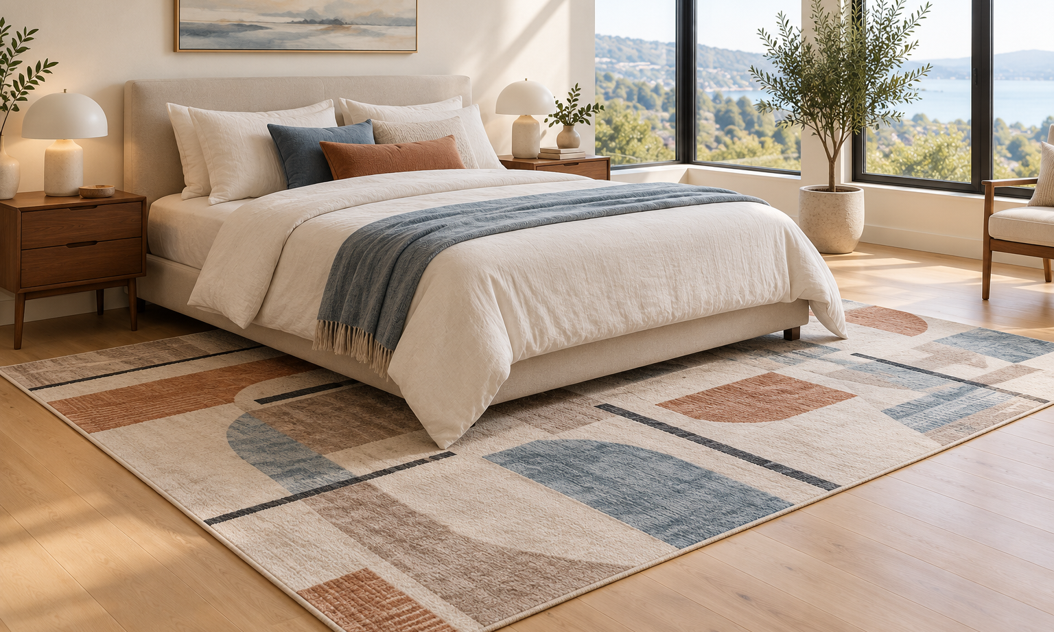 Modern geometric area rug positioned under a queen bed