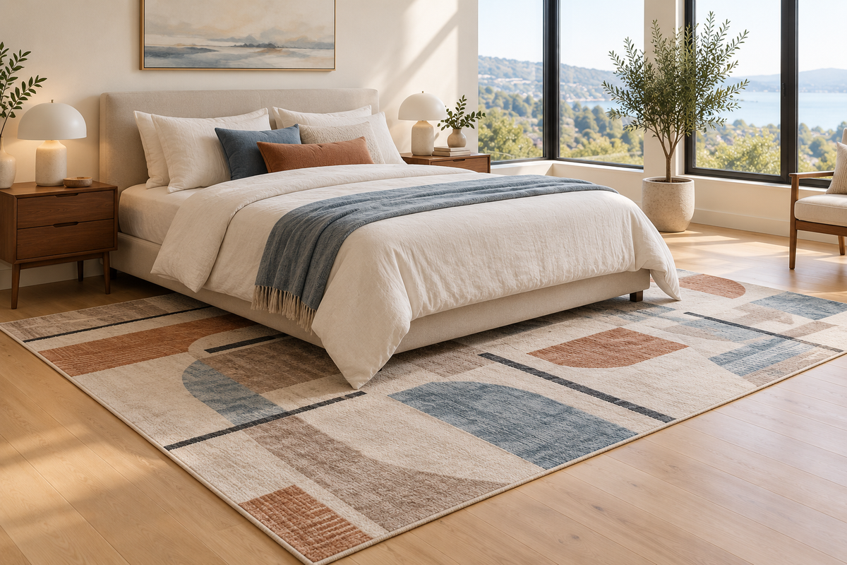 Modern geometric area rug positioned under a queen bed