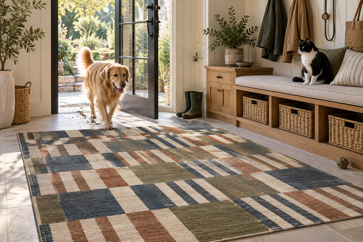 Pet-friendly washable area rug in a mudroom with a dog and cat