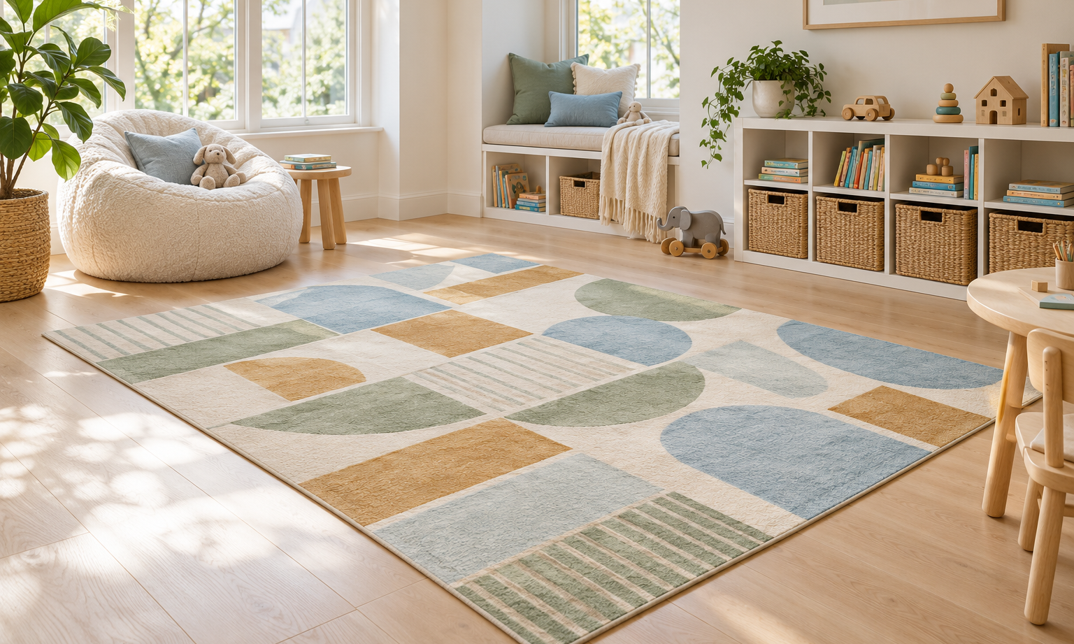 Bright playroom with a low-pile geometric rug for kids