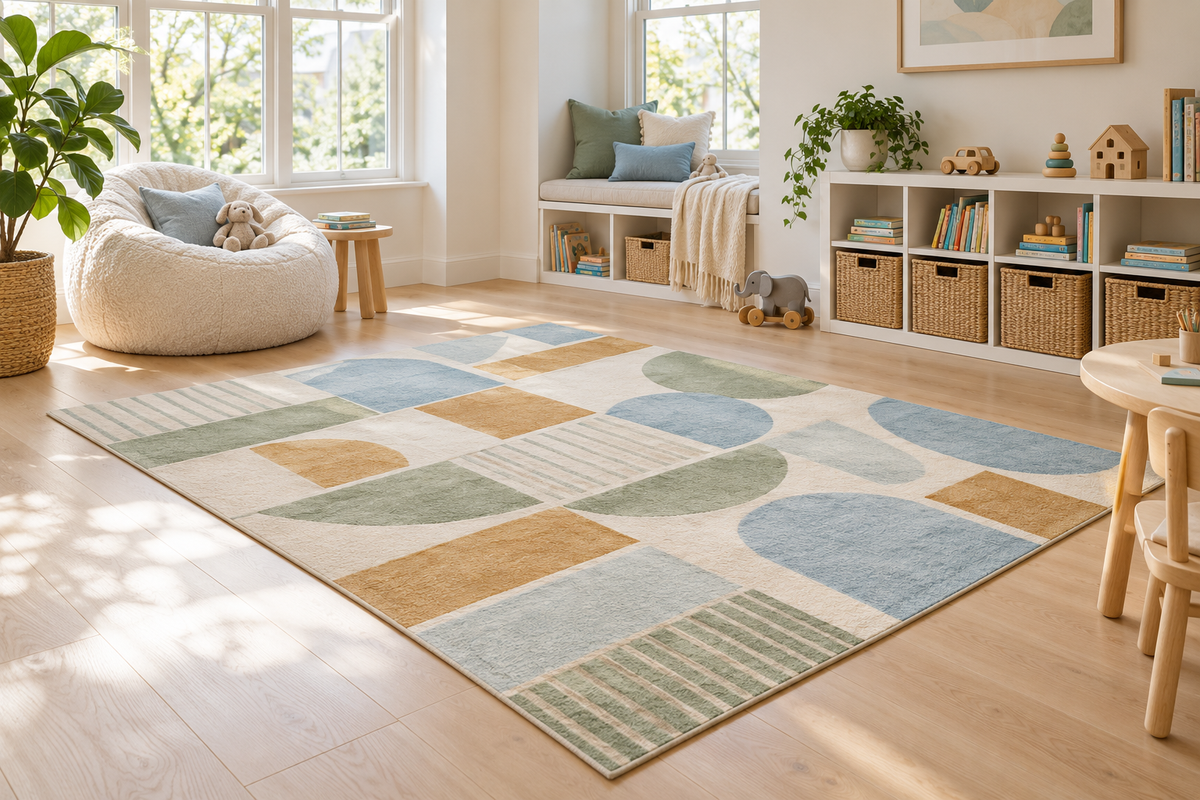 Bright playroom with a low-pile geometric rug for kids