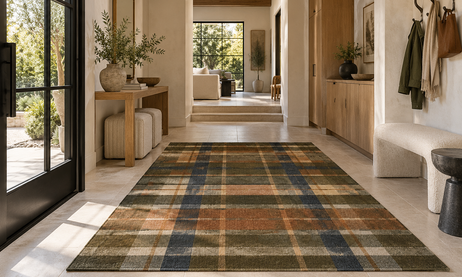Plaid high-traffic area rug in a modern entryway