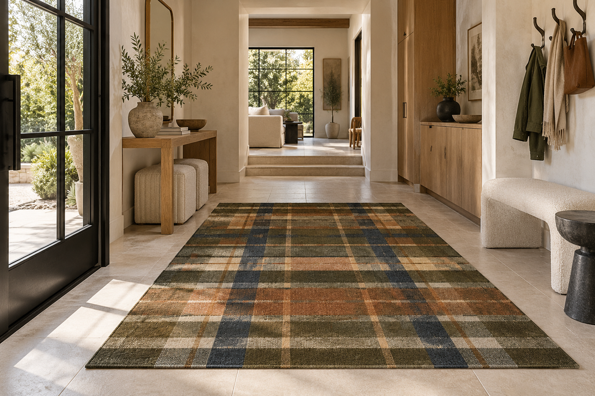 Plaid high-traffic area rug in a modern entryway