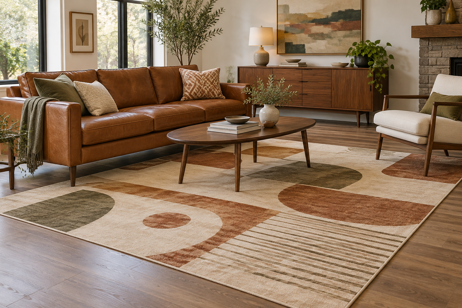 Rust, olive, and cream geometric rug beneath a cognac sofa and walnut coffee table in a mid-century living room