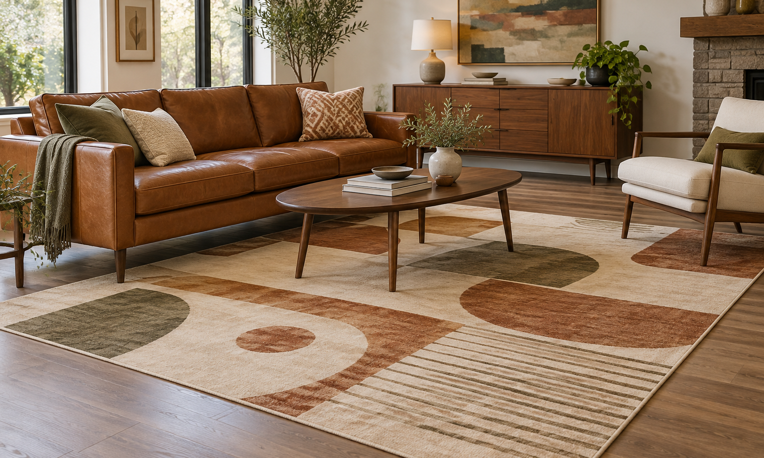 Rust, olive, and cream geometric rug beneath a cognac sofa and walnut coffee table in a mid-century living room