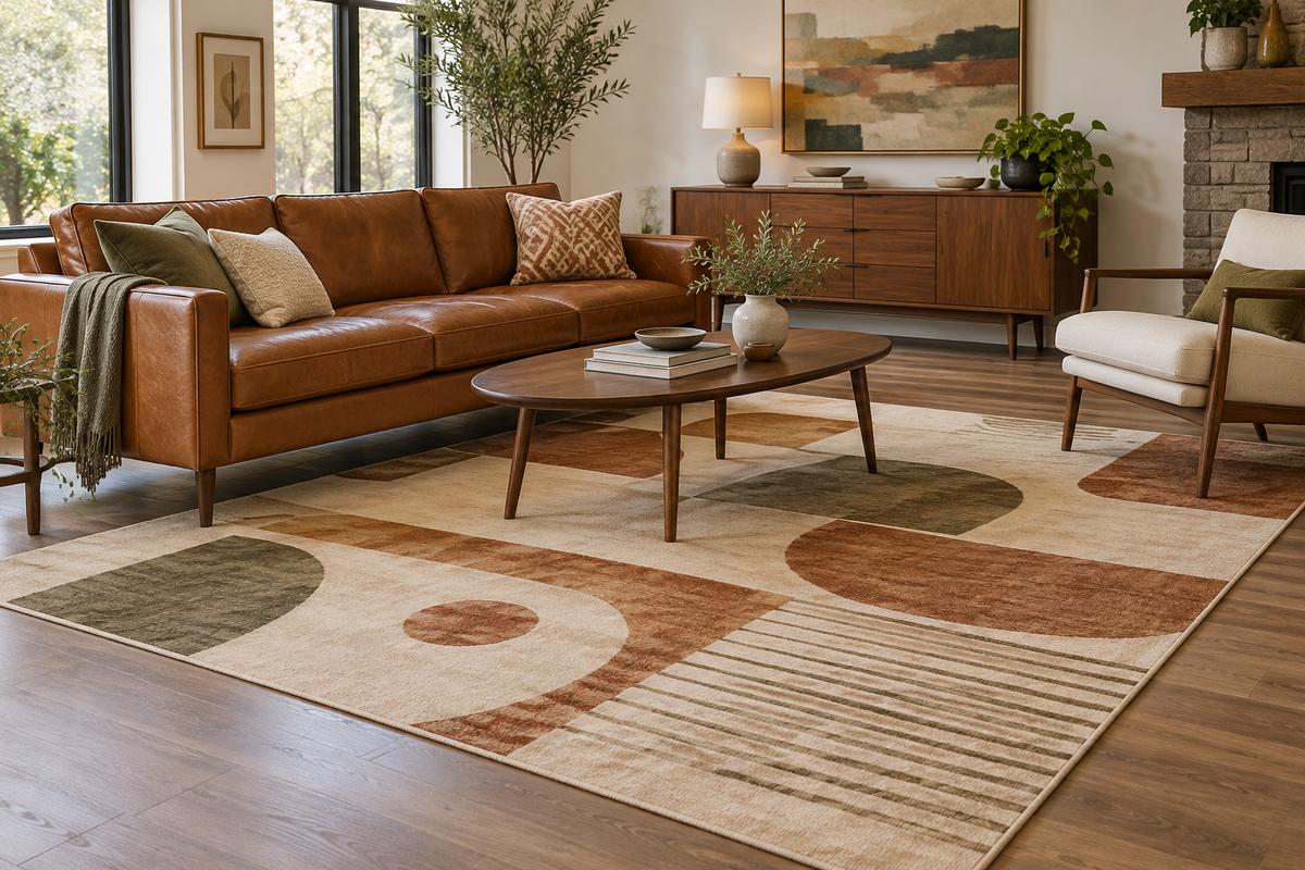 Rust, olive, and cream geometric rug beneath a cognac sofa and walnut coffee table in a mid-century living room