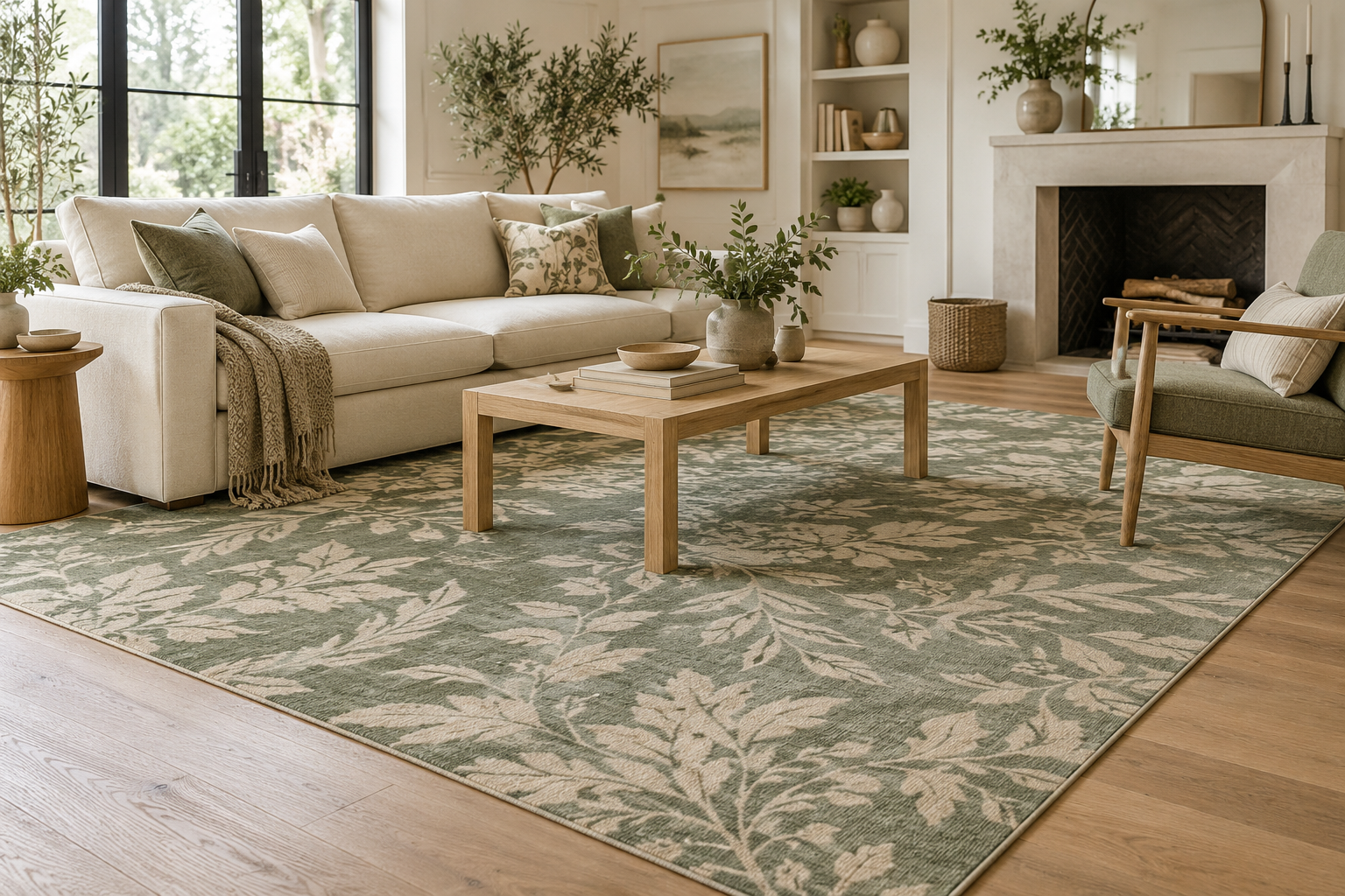 Sage green patterned area rug with a cream sofa and oak furniture in a bright living room