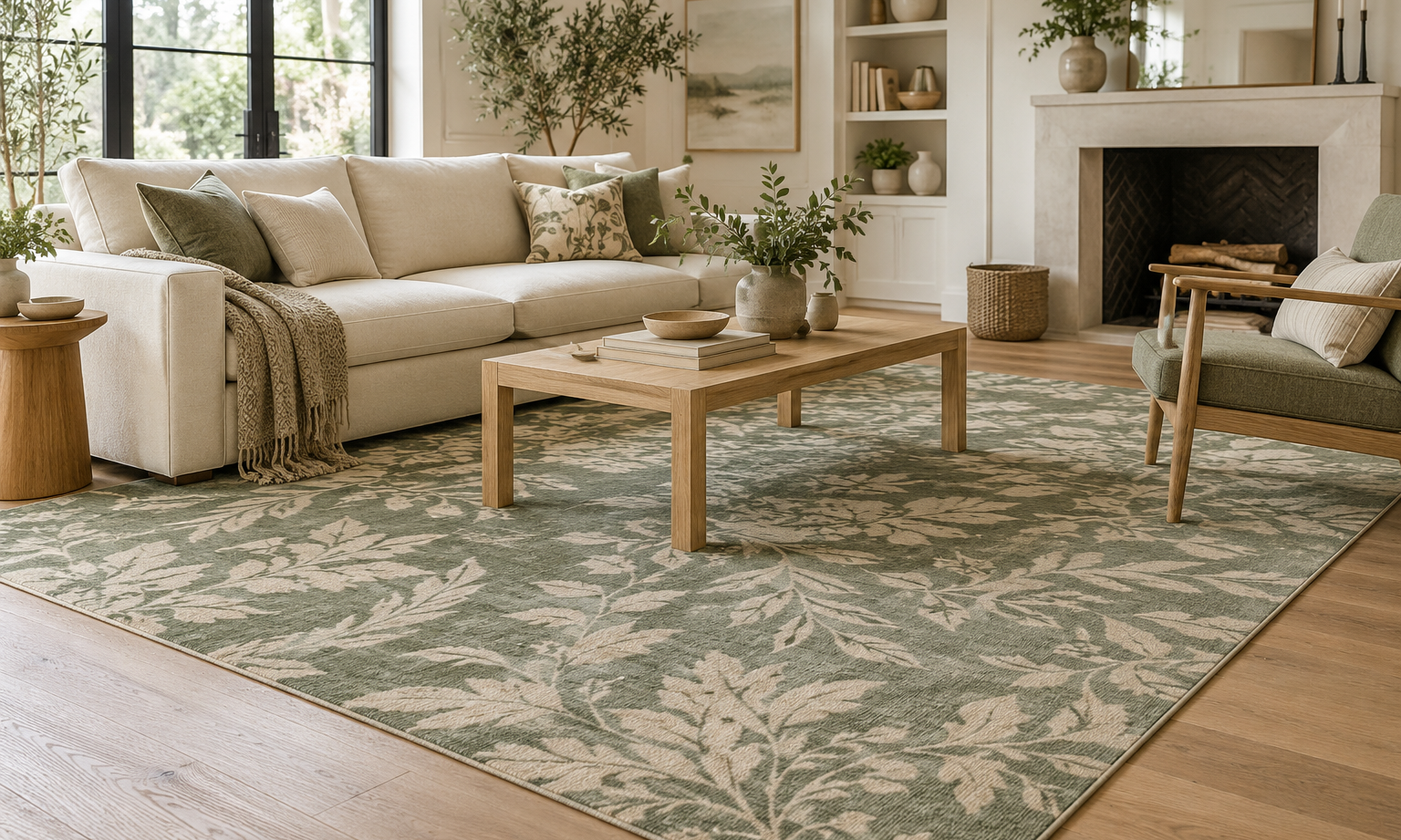 Sage green patterned area rug with a cream sofa and oak furniture in a bright living room