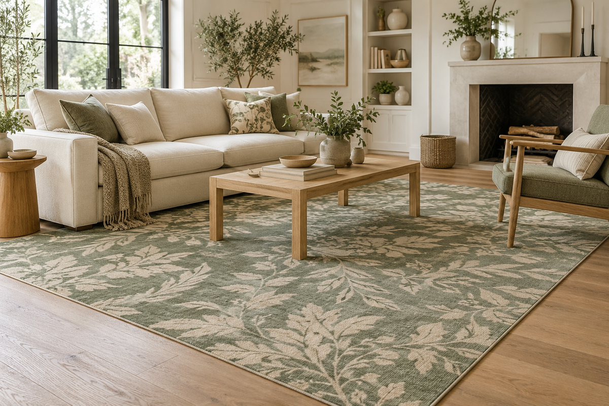 Sage green patterned area rug with a cream sofa and oak furniture in a bright living room