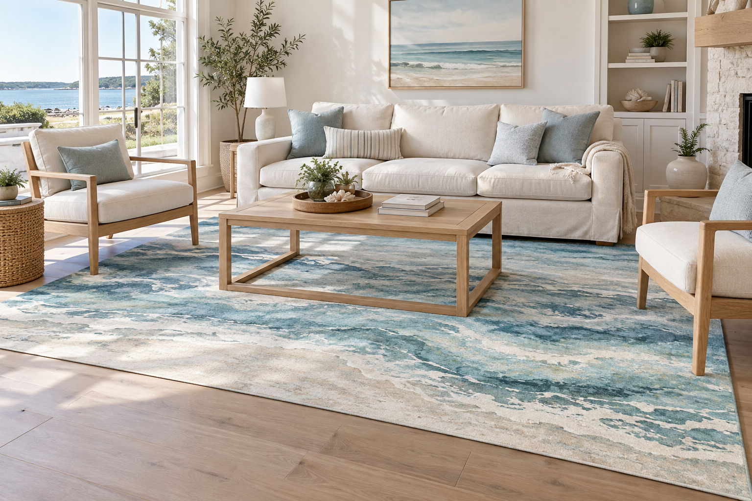Blue and teal wave-pattern rug beneath an ivory sofa and oak chairs in a bright coastal living room