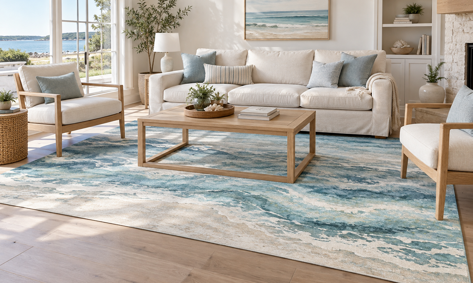 Blue and teal wave-pattern rug beneath an ivory sofa and oak chairs in a bright coastal living room