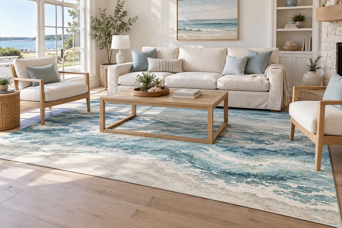 Blue and teal wave-pattern rug beneath an ivory sofa and oak chairs in a bright coastal living room