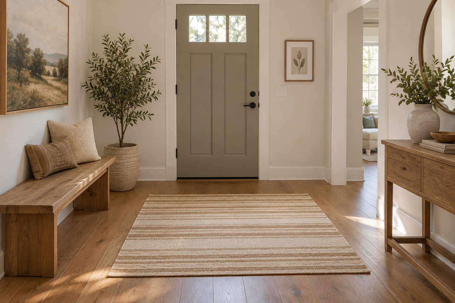 Beige striped rectangular rug in a welcoming entryway with a wooden bench and console table