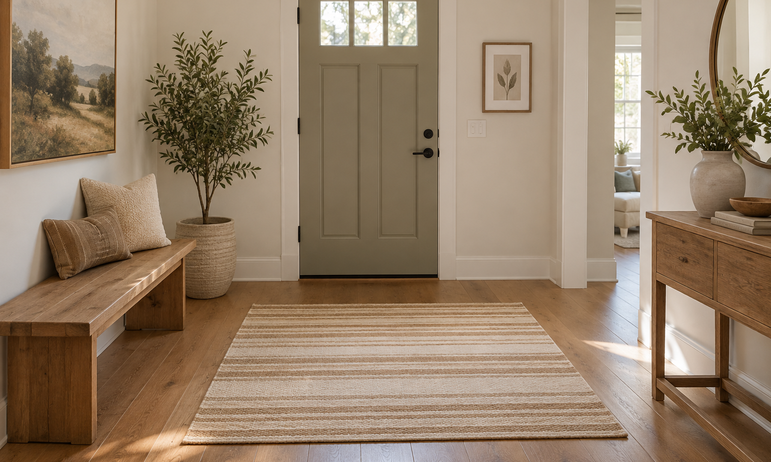 Beige striped rectangular rug in a welcoming entryway with a wooden bench and console table