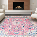 Ultra Soft Area Rug, Non Slip, Stain Resistant, Washable Area Rugs for Living Room, Bedroom, Classic Ethnic Tiled Composition(Pink)