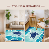 Ultra Soft Area Rug, Non Slip, Stain Resistant, Washable Area Rugs for Living Room, Bedroom, Nautical Harmony Wave Rug with Stylized Turtle and Coastal Shell Patterns(Blue)