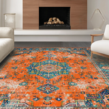 Ultra Soft Area Rug, Non Slip, Stain Resistant, Washable Area Rugs for Living Room, Bedroom, Rustic Orange Teal Medallion Style(Orange)