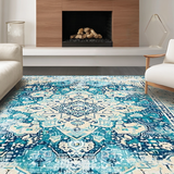 Ultra Soft Area Rug, Non Slip, Stain Resistant, Washable Area Rugs for Living Room, Bedroom, Trendy Ivory Artful Symmetrical Elements(Blue)