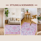 Ultra Soft Area Rug, Non Slip, Stain Resistant, Washable Area Rugs for Living Room, Bedroom, Rustic Medallion Blue Tones(Pink)