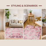 Ultra Soft Area Rug, Non Slip, Stain Resistant, Washable Area Rugs for Living Room, Bedroom, Faded Floral Vintage Elegance(Pink)