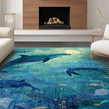 Ultra Soft Area Rug, Non Slip, Stain Resistant, Washable Area Rugs for Living Room, Bedroom, Seaside Creature Inspired with Oceanic Dolphin, Octopus, and Fish School(Blue)