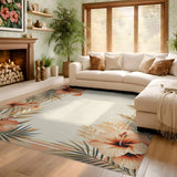 ODIKA Tropical Hibiscus Washable Area Rug - Vintage Floral Low Pile Non-Slip Rug