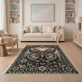Vintage Butterfly Botanical Washable Area Rug, Low Pile Non-Slip