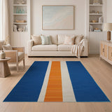 Navy Blue Orange Cream Striped Area Rug
