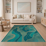 Teal and Gold Fluid Wave Abstract Area Rug