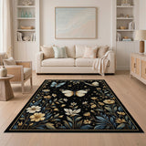 Gold Butterfly Floral Area Rug on Black