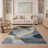 Abstract Navy Grey Gold Wave Area Rug