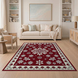 Red Snowflake Area Rug with Ornate Border