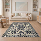 Beige and Neutral Ornate Black Floral Persian Area Rug