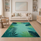 Green Teal Palm Leaf Coastal Area Rug