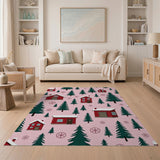 Pink Scandinavian Christmas Village Area Rug