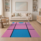 Playful Pink Grid Area Rug with Blue Purple Shapes