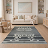 Black White Geometric Tribal Fringe Rug