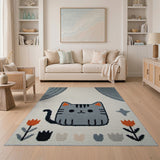 Cute Grey Cartoon Cat Kids Area Rug with Orange Tulips