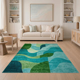 Blue and Teal Teal Green Abstract Wave Area Rug