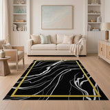 Black White Marble Abstract Area Rug with Gold Frame
